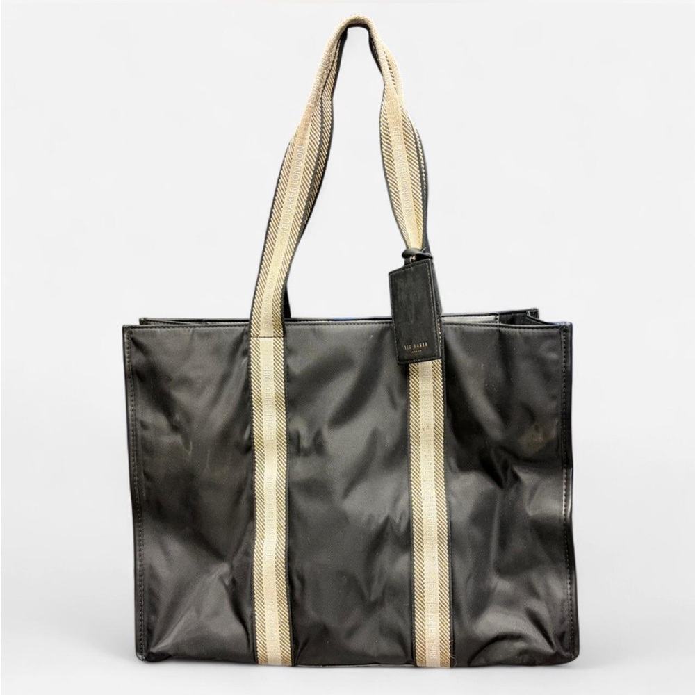 Ted Baker Black Tote Bag with Beige Stripe Handles